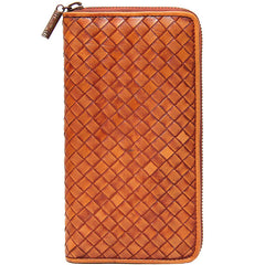 Cool Braided Leather Mens Clutch Brown Vintage Zipper Wallet for Men