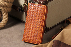 Cool Braided Leather Mens Clutch Brown Vintage Zipper Wallet for Men