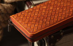 Cool Braided Leather Mens Clutch Brown Vintage Zipper Wallet for Men