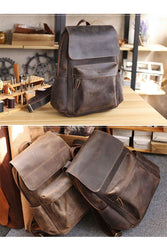 Cool Brown Leather Mens Travel Backpack Work 14'' School Backpack Work Backpack For Men - iwalletsmen