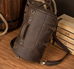 Cool Brown Mens Leather 14 inches Barrel Weekender Bag Bucket Travel Backpack for Men - iwalletsmen