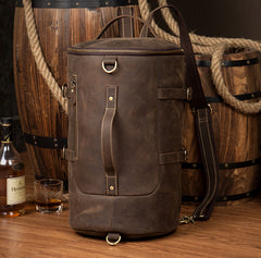 Cool Brown Mens Leather 14 inches Barrel Weekender Bag Bucket Travel Backpack for Men - iwalletsmen