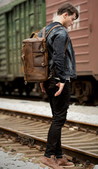 Cool Brown Mens Leather 14 inches Barrel Weekender Bag Bucket Travel Backpack for Men - iwalletsmen
