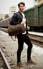 Cool Brown Mens Leather 14 inches Barrel Weekender Bag Bucket Travel Backpack for Men - iwalletsmen