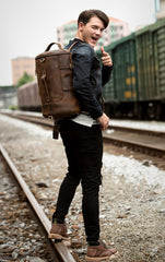 Cool Brown Mens Leather 14 inches Barrel Weekender Bag Bucket Travel Backpack for Men - iwalletsmen