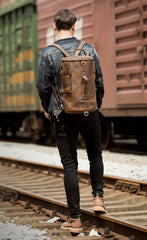 Cool Brown Mens Leather 14 inches Barrel Weekender Bag Bucket Travel Backpack for Men - iwalletsmen
