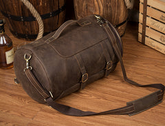 Cool Brown Mens Leather 14 inches Barrel Weekender Bag Bucket Travel Backpack for Men - iwalletsmen