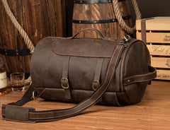 Cool Brown Mens Leather 14 inches Barrel Weekender Bag Bucket Travel Backpack for Men - iwalletsmen