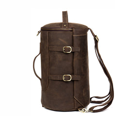 Cool Brown Mens Leather 14 inches Barrel Weekender Bag Bucket Travel Backpack for Men - iwalletsmen
