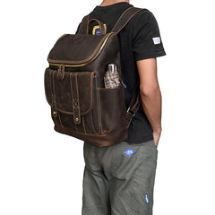 Cool Brown Mens Leather 15 inches Large School Computer Backpack Dark Brown Laptop Travel Backpack for Men - iwalletsmen