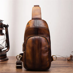 Cool Brown Mens Leather One Shoulder Backpack Chest Bag Sling Bags For Men - iwalletsmen