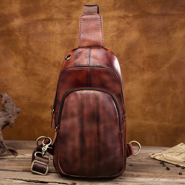 Cool Brown Mens Leather One Shoulder Backpack Chest Bag Sling Bags For Men - iwalletsmen
