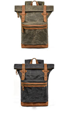 Waxed Canvas Leather Mens 15'' Hiking Green Backpack Black Computer Backpack Travel Backpack for Men - iwalletsmen