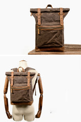 Waxed Canvas Leather Mens 15'' Hiking Green Backpack Black Computer Backpack Travel Backpack for Men - iwalletsmen