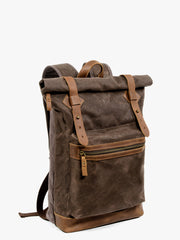 Waxed Canvas Leather Mens 15'' Hiking Green Backpack Black Computer Backpack Travel Backpack for Men - iwalletsmen