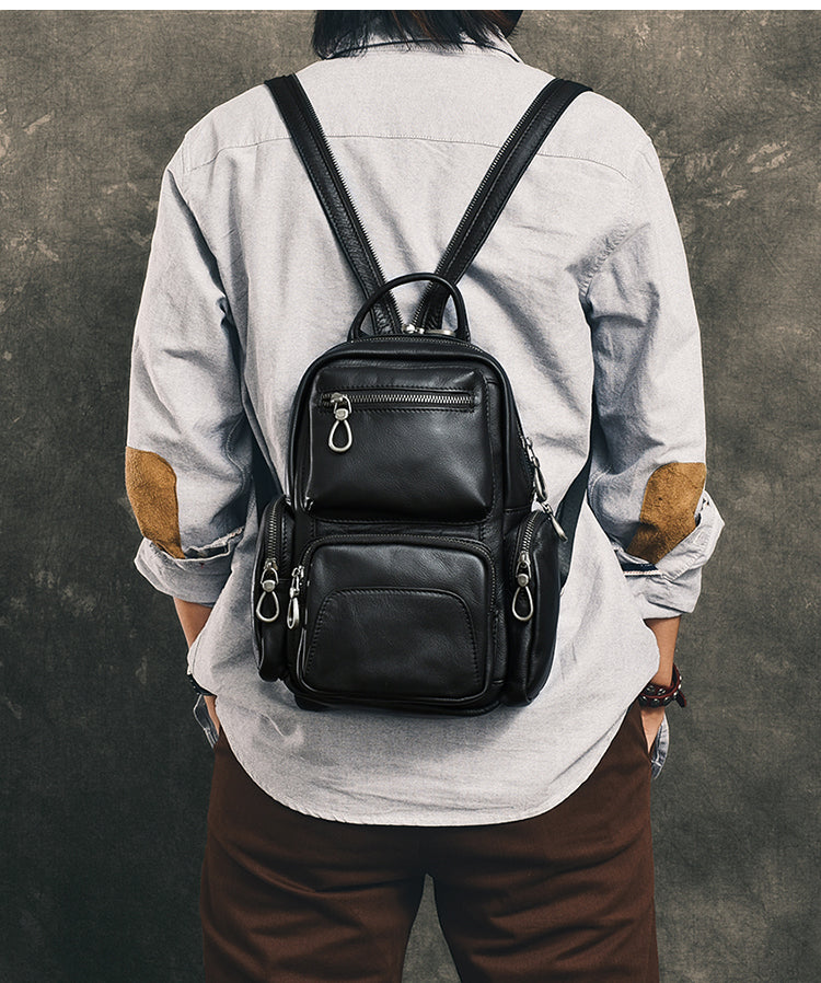 Cool Leather Mens Convertible Black Backpack Sling Bag Chest Bag One S iwalletsmen