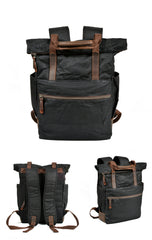 Cool Canvas Leather Mens Black College Backpack 15'' Computer Backpack Travel Backpack Hiking Bag for Men - iwalletsmen