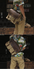Waxed Canvas Leather Mens Casual Briefcase Computer Bag 14'' Messenger Bag For Men - iwalletsmen