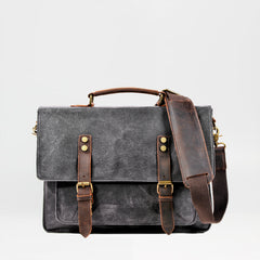 Waxed Canvas Leather Mens Green Casual 14‘’ Briefcase Handbag Messenger Bag Side Bag For Men - iwalletsmen