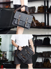 Waxed Canvas Leather Mens Green Casual 14‘’ Briefcase Handbag Messenger Bag Side Bag For Men - iwalletsmen