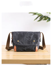 Wax Canvas Leather Mens 10'' Gray Side Bag Courier Bag Khaki Messenger Bag for Men - iwalletsmen