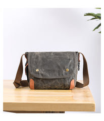 Wax Canvas Leather Mens 10'' Gray Side Bag Courier Bag Khaki Messenger Bag for Men - iwalletsmen