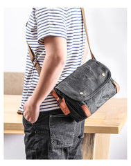 Wax Canvas Leather Mens 10'' Gray Side Bag Courier Bag Khaki Messenger Bag for Men - iwalletsmen