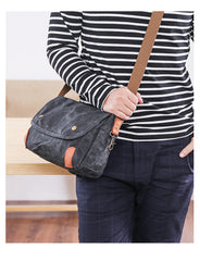 Wax Canvas Leather Mens 10'' Gray Side Bag Courier Bag Khaki Messenger Bag for Men - iwalletsmen