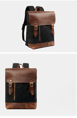 Waxed Canvas Leather Mens 14'' Waterproof Black School Backpack Green Travel Backpack for Men - iwalletsmen
