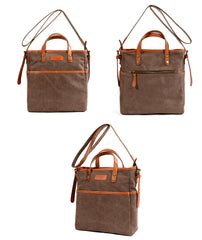 Cool Canvas Leather Mens Small Brown Messenger Bag Vertical Side Bag Shoulder Bag Tote Handbag For Men - iwalletsmen