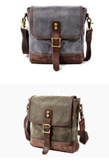 Cool Canvas Leather Mens Small Green Messenger Bag Vertical Side Bag Shoulder Bag For Men - iwalletsmen