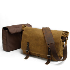Waxed Canvas Leather Mens Black Waterproof 14'' Camera Bag Gray Side Bag Messenger Bag Shoulder Bag For Men - iwalletsmen