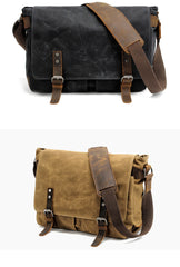 Waxed Canvas Leather Mens Black Waterproof 14'' Camera Bag Gray Side Bag Messenger Bag Shoulder Bag For Men - iwalletsmen