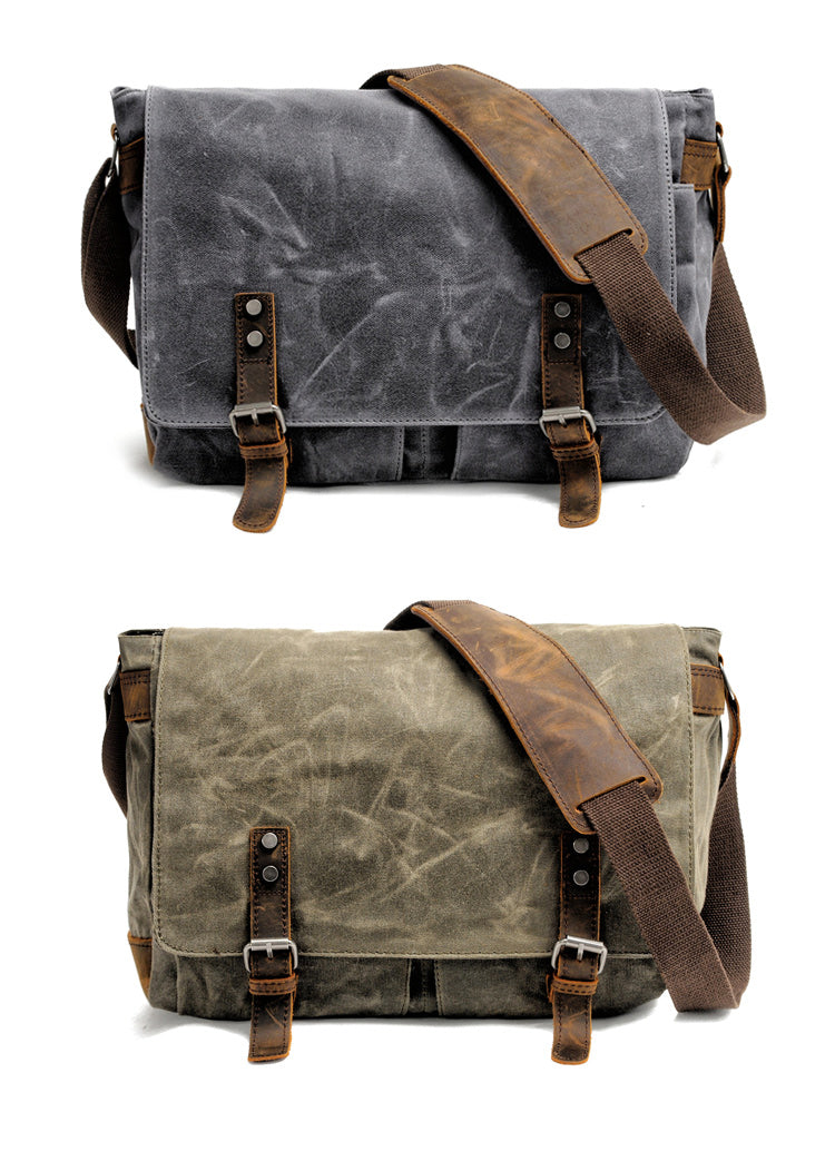 Waxed Canvas Leather Mens Black Waterproof 14'' Camera Bag Gray Side Bag Messenger Bag Shoulder Bag For Men - iwalletsmen