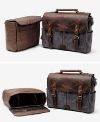 Waxed Canvas Leather Mens Waterproof Black 14‘’ Camera Bag Shoulder Bag Messenger Bag For Men - iwalletsmen