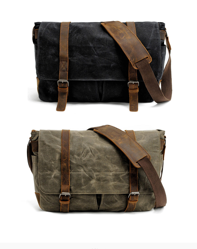 Waxed Canvas Leather Mens Waterproof 14'' Camera Bags Black Side Bag Messenger Bag Shoulder Bag For Men - iwalletsmen
