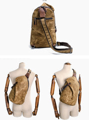Cool Canvas Leather Mens Sling Bag Waterproof Chest Bag One Shoulder Backpack for Men - iwalletsmen