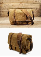 Waxed Canvas Leather Mens Waterproof 14'' Computer Black Side Bag Messenger Bag For Men - iwalletsmen