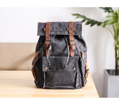 Waxed Canvas Leather Mens Gray Waterproof 15‘’ Large Backpack Travel Backpack College Backpack for Men - iwalletsmen
