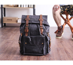 Waxed Canvas Leather Mens Gray Waterproof 15‘’ Large Backpack Travel Backpack College Backpack for Men - iwalletsmen