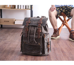 Waxed Canvas Leather Mens Gray Waterproof 15‘’ Large Backpack Travel Backpack College Backpack for Men - iwalletsmen