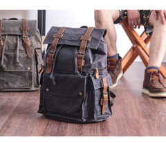 Waxed Canvas Leather Mens Gray Waterproof 15‘’ Large Backpack Travel Backpack College Backpack for Men - iwalletsmen