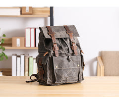 Waxed Canvas Leather Mens Gray Waterproof 15‘’ Large Backpack Travel Backpack College Backpack for Men - iwalletsmen