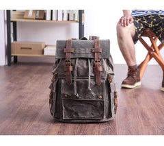Waxed Canvas Leather Mens Gray Waterproof 15‘’ Large Backpack Travel Backpack College Backpack for Men - iwalletsmen