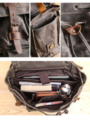 Waxed Canvas Leather Mens Gray Waterproof 15‘’ Large Backpack Travel Backpack College Backpack for Men - iwalletsmen