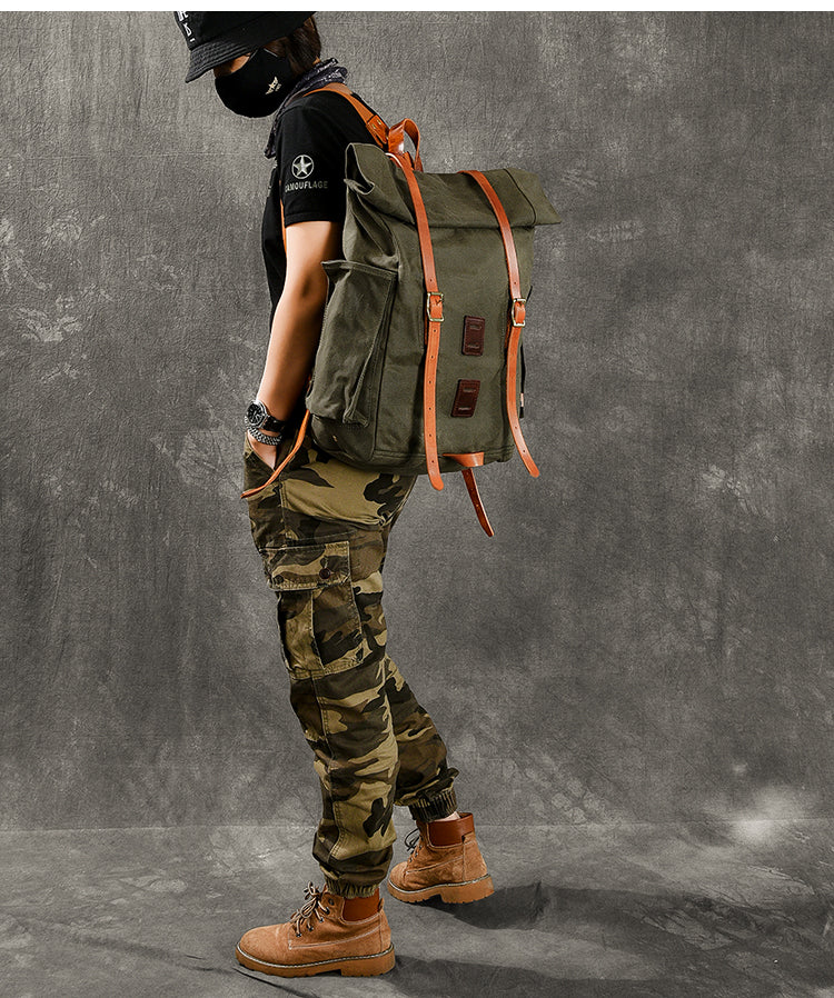 army green hiking backpack Cool Canvas Leather Mens Womens 16" Army Green Hiking Backpack Travel – iwalletsmen