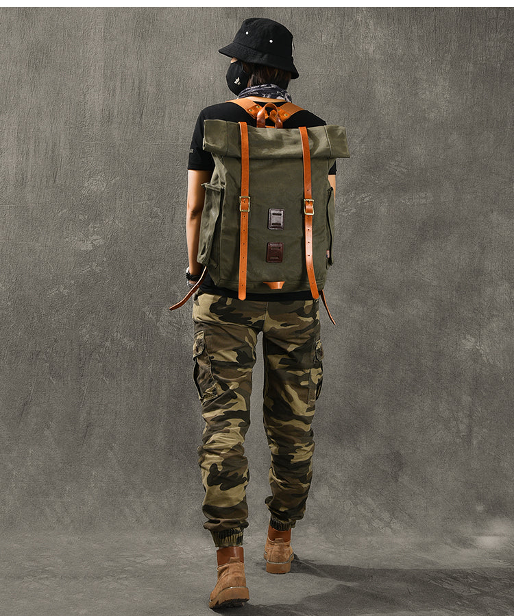cool military leather backpacks Cool Canvas Leather Mens Womens 16" Army Green Hiking Backpack Travel – iwalletsmen