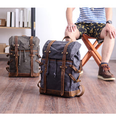 Cool Canvas Leather Mens Womens Dark Gray Backpack Army Green Travel Backpack College Backpack for Men - iwalletsmen