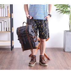 Cool Canvas Leather Mens Womens Dark Gray Backpack Army Green Travel Backpack College Backpack for Men - iwalletsmen