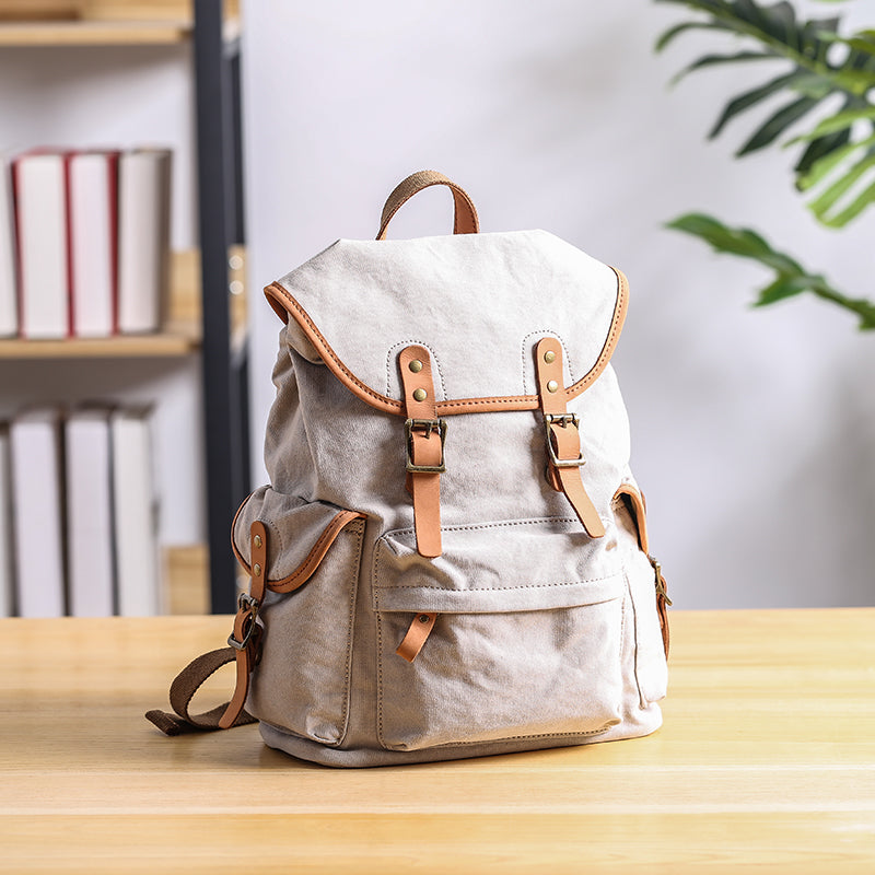 Cool Canvas Leather Mens Womens 13'' White Backpack Khaki Travel Backpack College Backpack  for Men - iwalletsmen